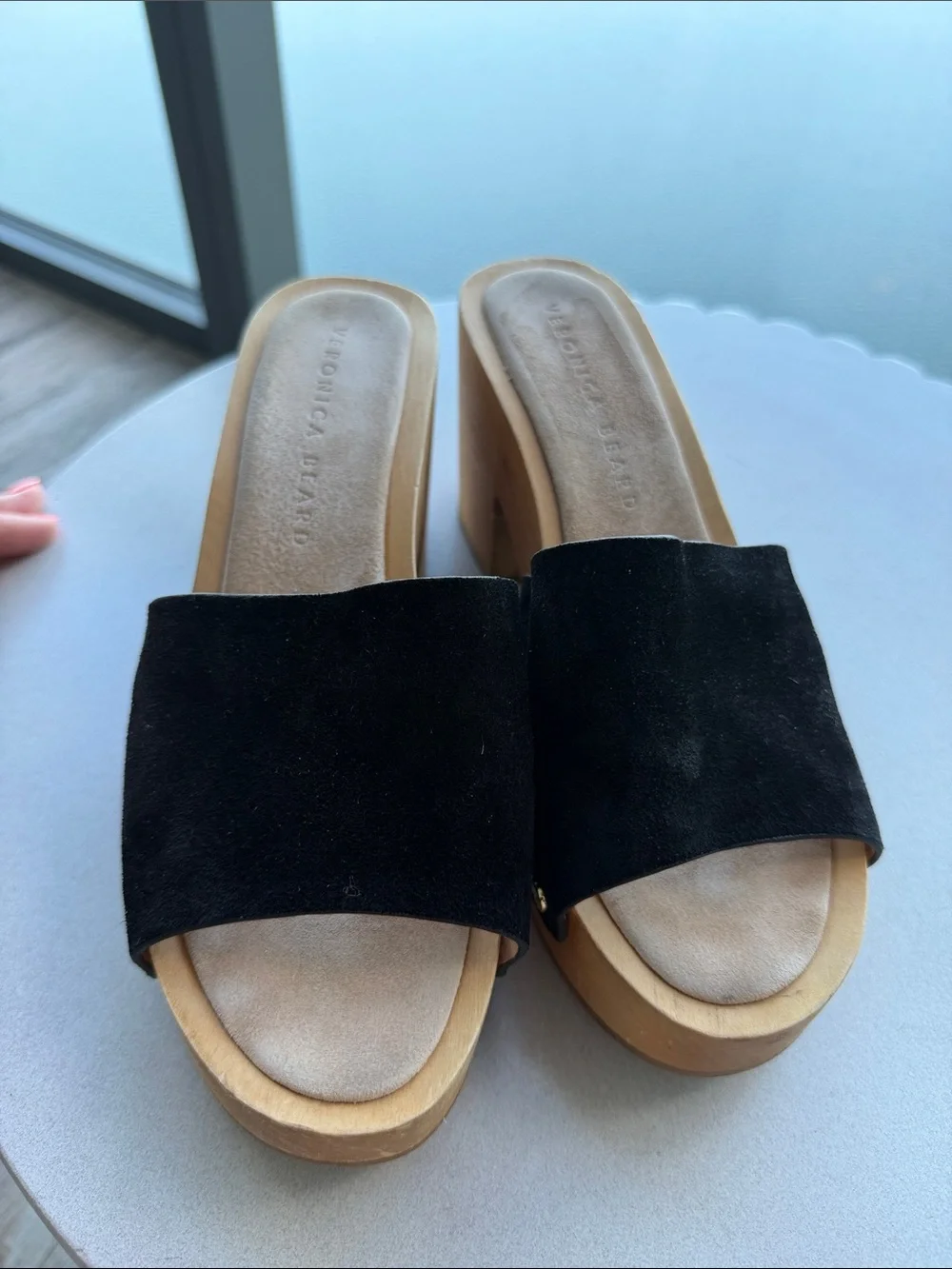 Suede slide sandals, Veronica Beard Hannalee wooden platform clogs